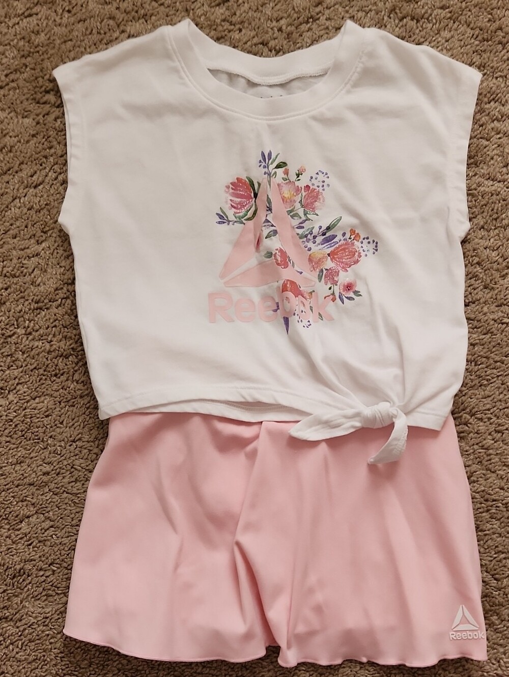 Reebok White Top & Pink Floral Logo Girls Pajama Set